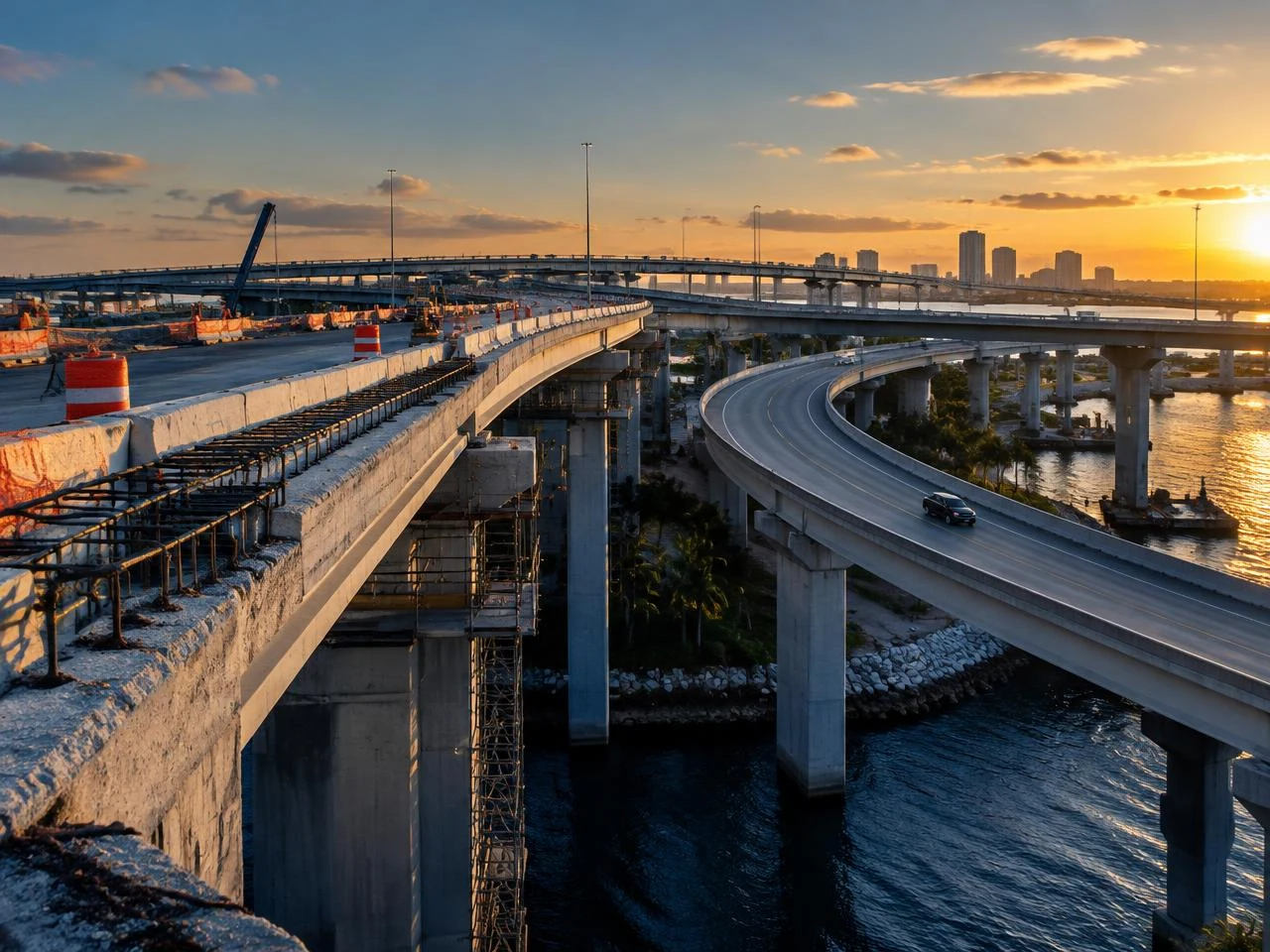 Elevated highway and bridge construction at sunset.