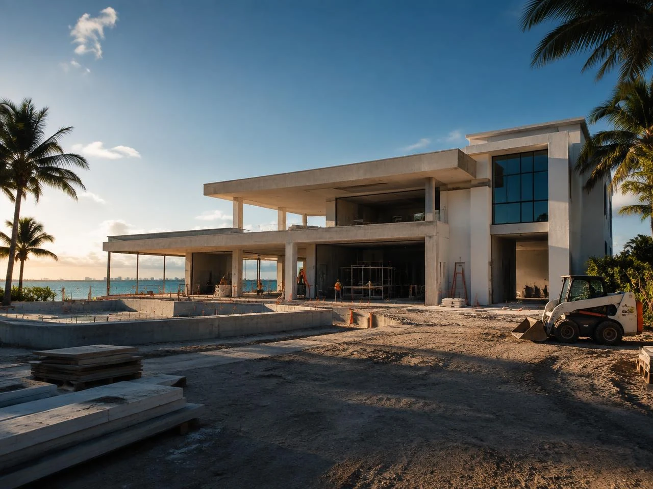 Modern waterfront residence under construction.